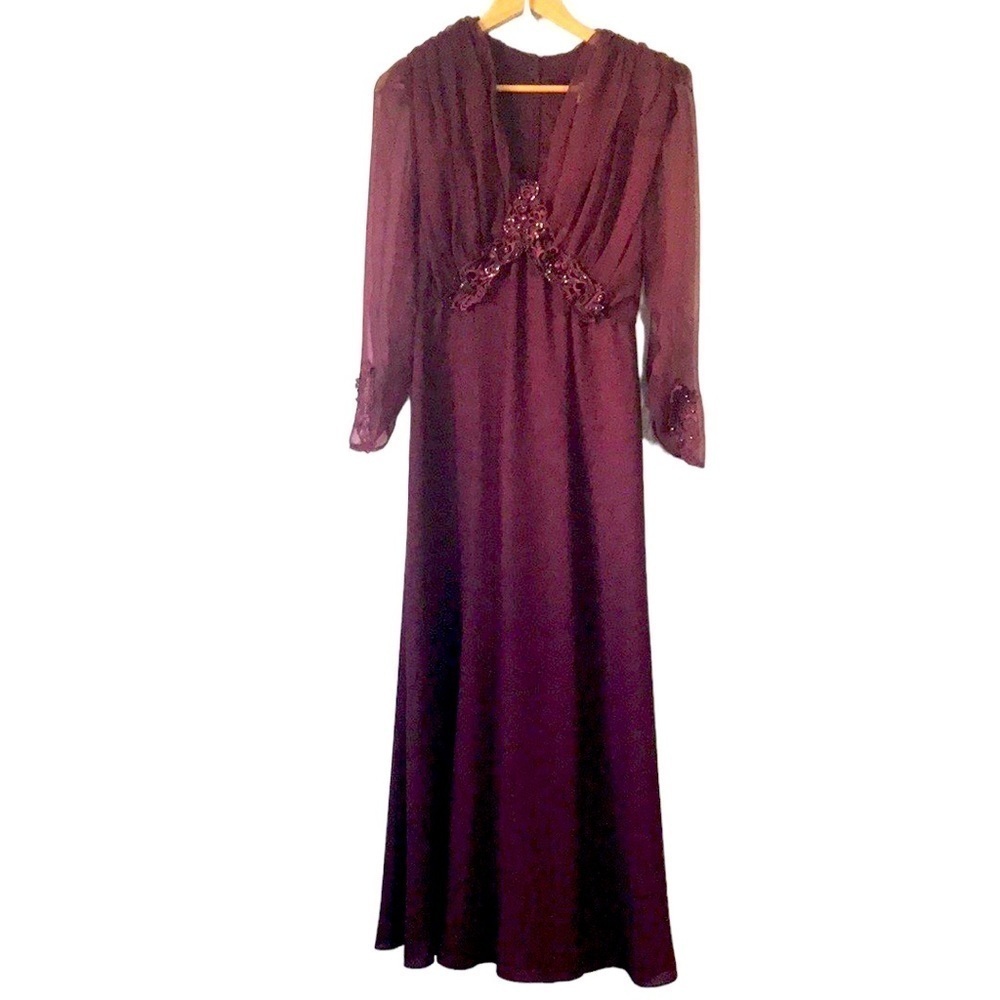 Vintage Dollar wine lace pleated mesh top evening gown long maxi size Small/Med